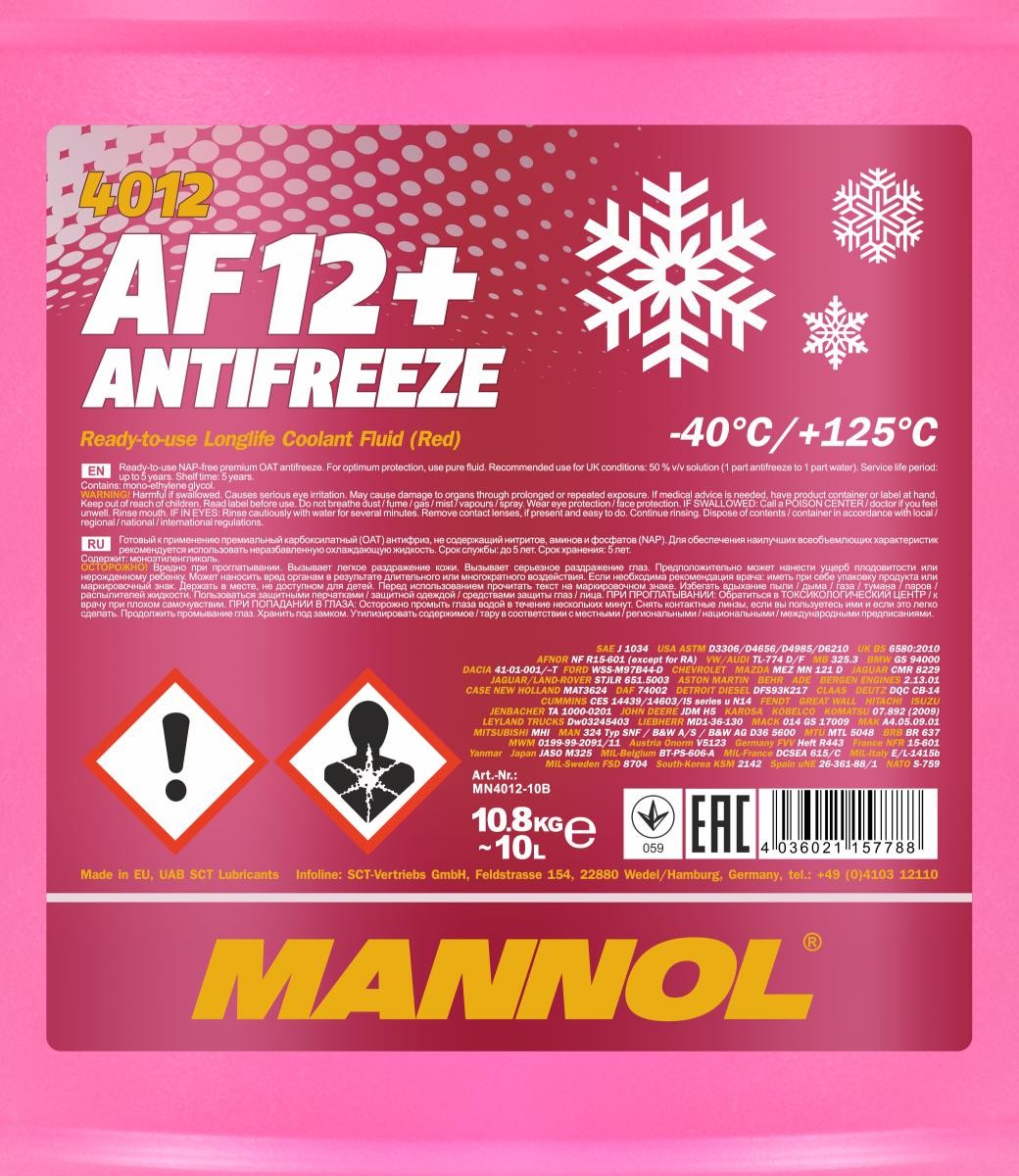 Mannol 4012 Kühlerfrostschutz Antifreeze AF12+ Longlife -40 Fertigmischung 10 Liter