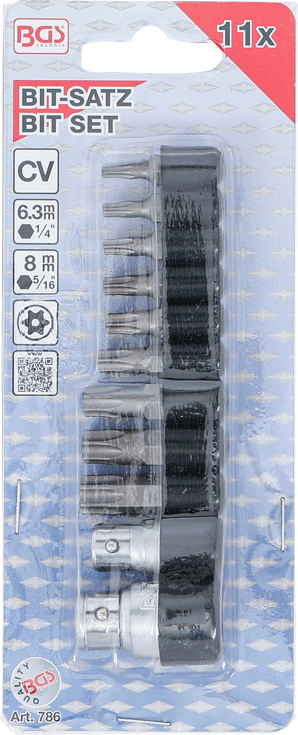 BGS Bit-Satz | Antrieb Außensechskant 6,3 mm (1/4") / 10 mm (3/8") | T-Profil (für Torx) mit Bohrung | 11-tlg.