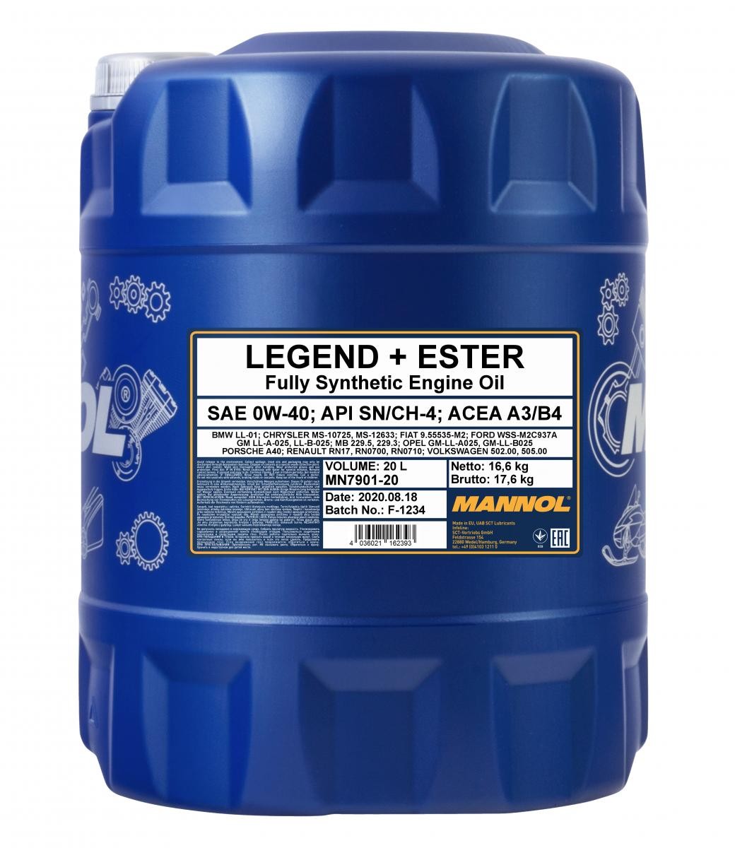 0W-40 Mannol 7901 Legend + Ester Motoröl 20 Liter