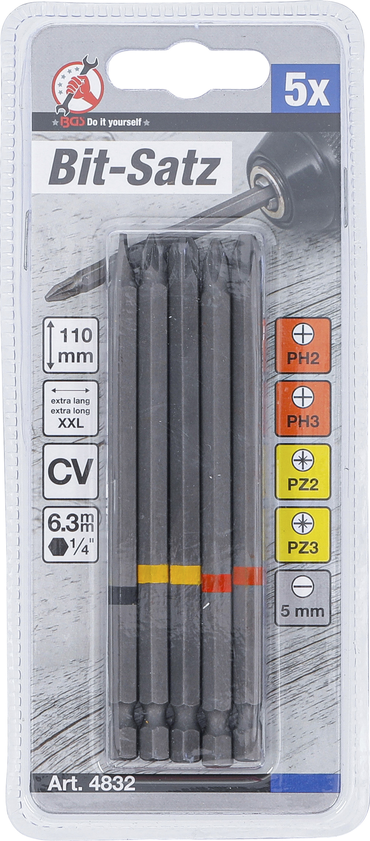BGS Bit-Satz | Antrieb Außensechskant 6,3 mm (1/4") | Kreuzschlitz PH, Kreuzschlitz PZ, Schlitz | Länge 110 mm | 5-tlg.