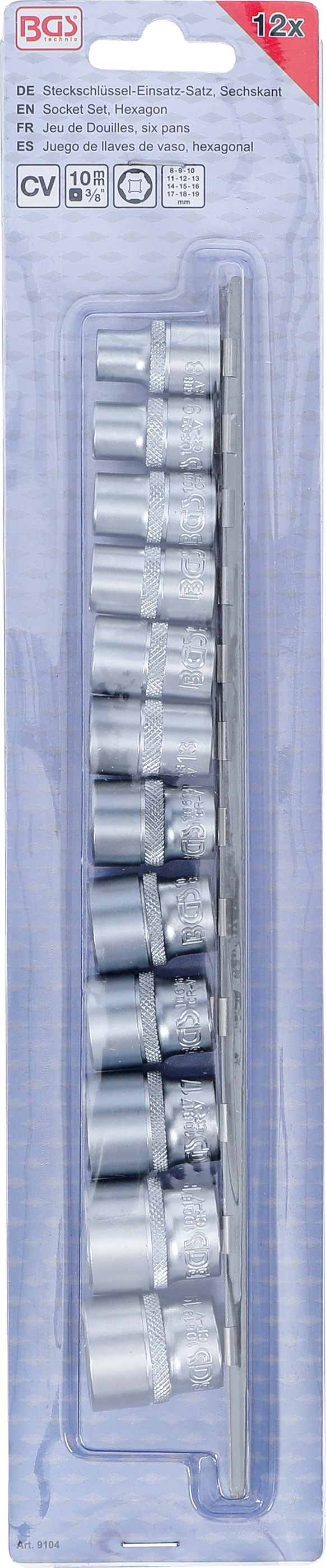 BGS Steckschlüssel-Einsatz-Satz, Sechskant | Antrieb Innenvierkant 10 mm (3/8") | SW 8 - 19 mm | 12-tlg.