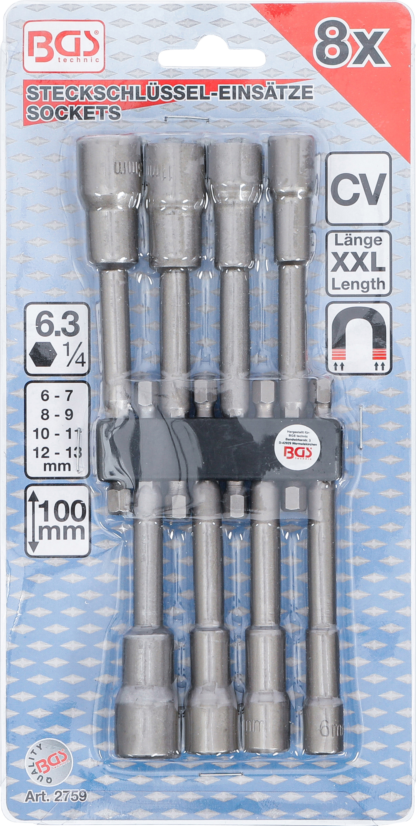 BGS Steckschlüssel-Einsatz-Satz Sechskant | extra lang | Antrieb Außensechskant 6,3 mm (1/4") | für Bohrmaschinen | SW 6 - 13 mm | 8-tlg.