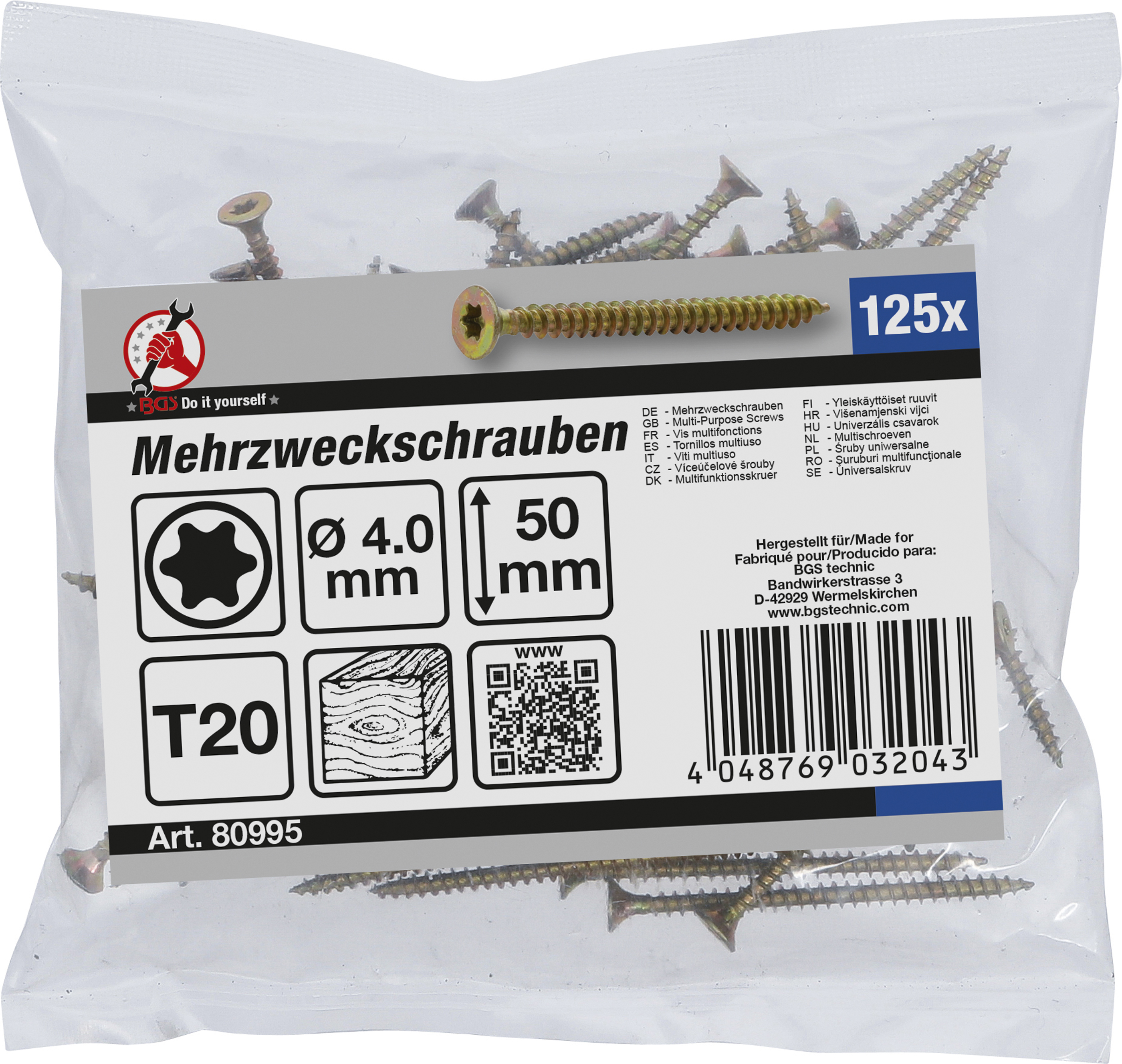 BGS Mehrzweckschrauben | T-Profil (für Torx) T20 | 4,0 x 50 mm | 125 Stück