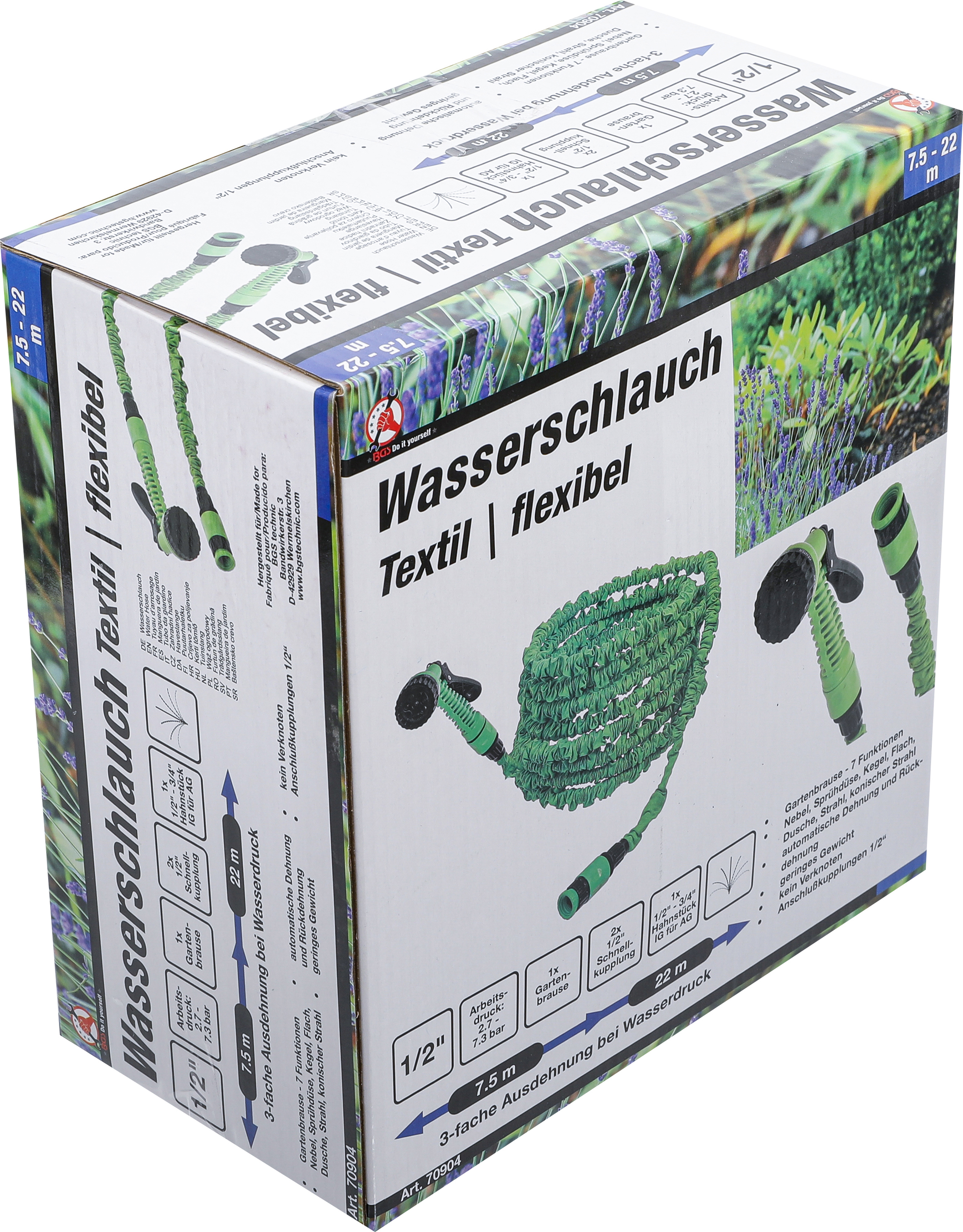 BGS Wasserschlauch | Textil | flexibel | mit Garten-Handbrause mit 7 Funktionen | 7,5 - 22 m