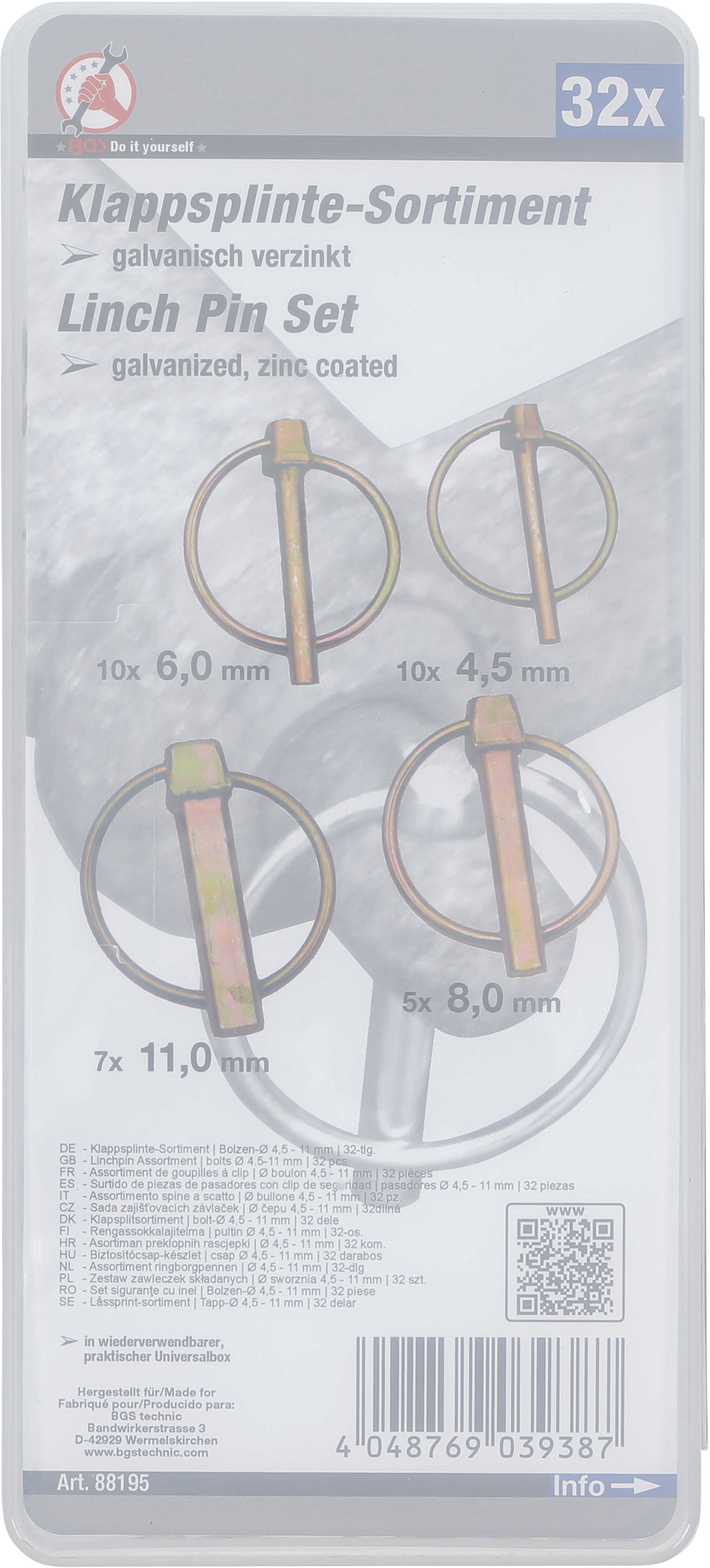 BGS Klappsplinte-Sortiment | Bolzen-Ø 4,5 - 11 mm | 32-tlg.