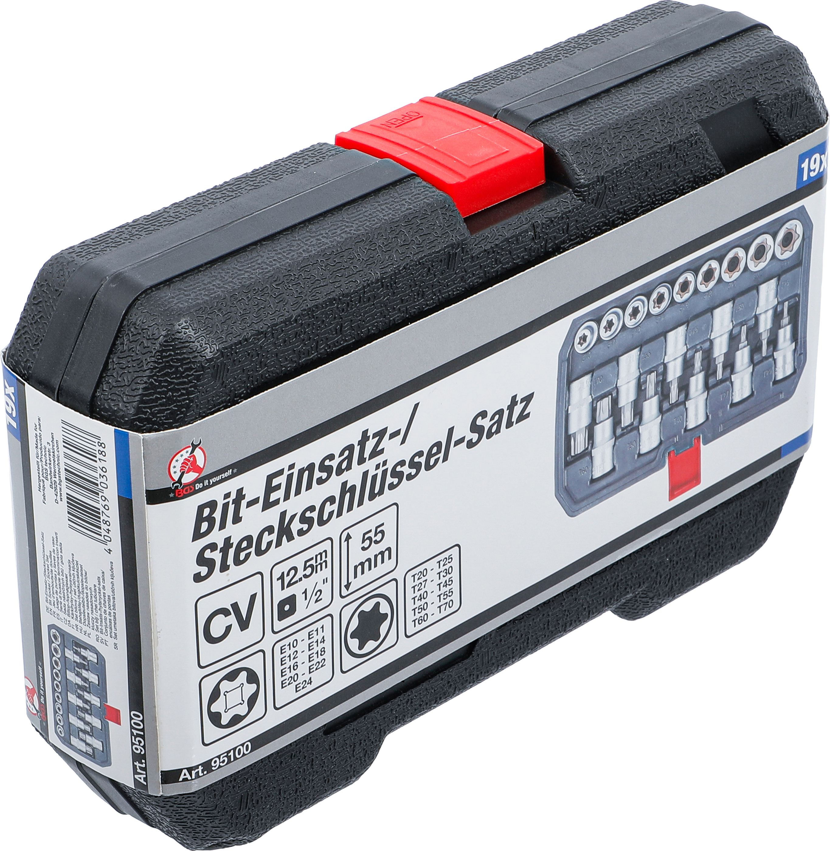 BGS Bit-Einsatz-/Steckschlüssel-Satz | Antrieb Innensechskant 12,5 mm (1/2") | T-Profil (für Torx) / E-Profil | 19-tlg.