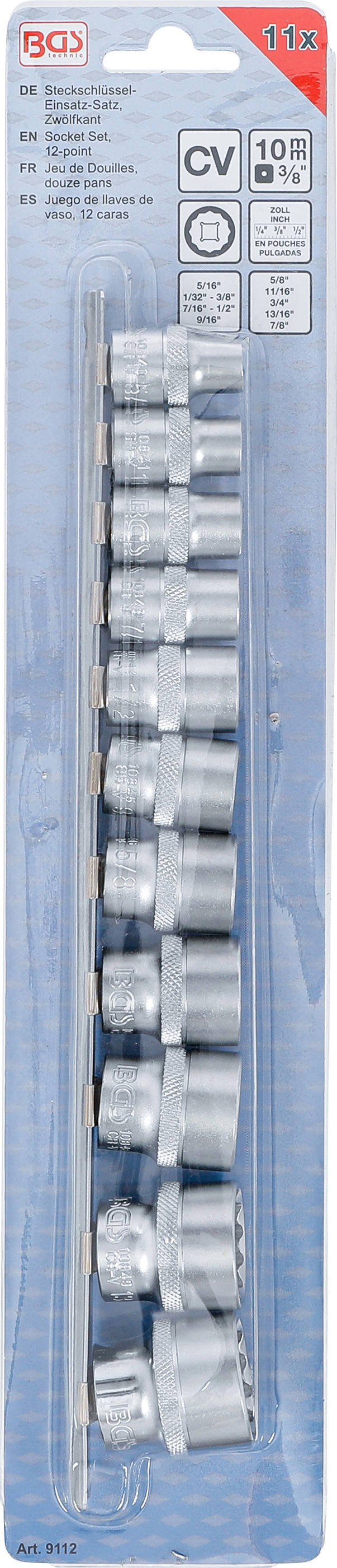 BGS Steckschlüssel-Einsatz-Satz, Zwölfkant | Antrieb Innenvierkant 10 mm (3/8") | Zollgrößen | 11-tlg.