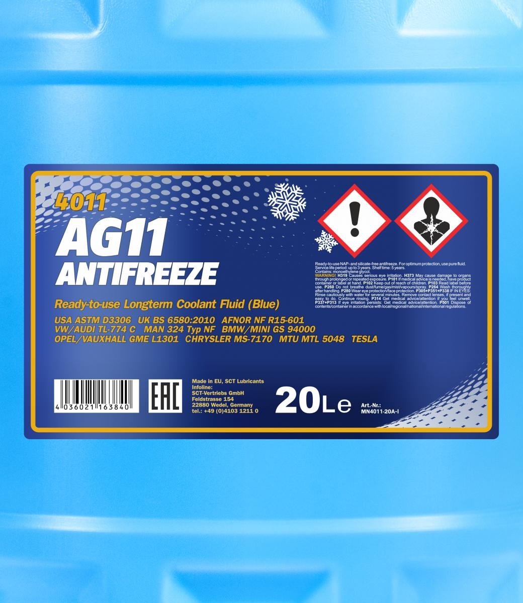 Mannol 4011 Kühlerfrostschutz Antifreeze AG11 Longterm -40 Fertigmischung 20 Liter