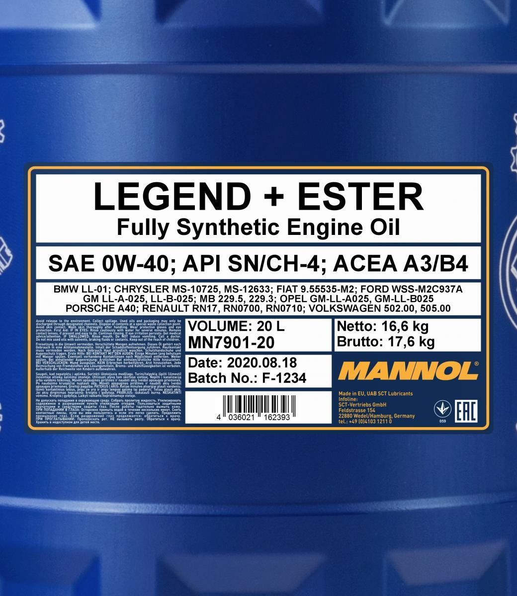 0W-40 Mannol 7901 Legend + Ester Motoröl 20 Liter