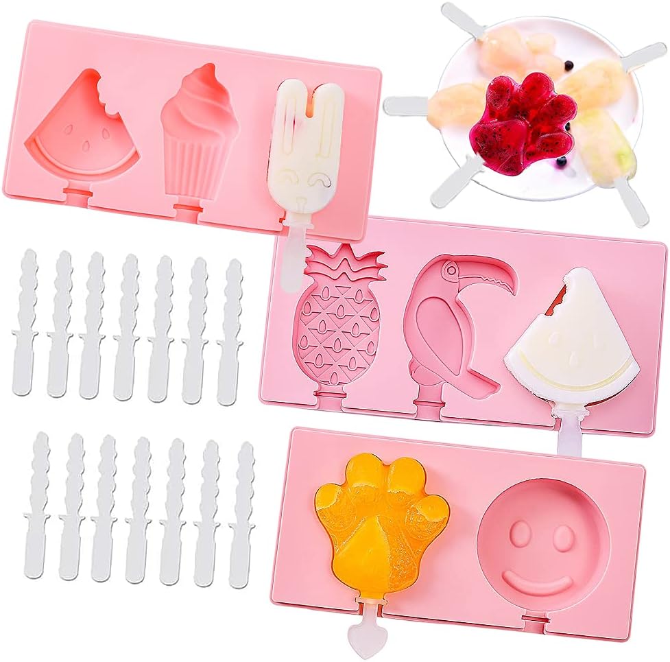 Eisformen Silikon, 3 Stück Popsicle Formen Set Eisformen Silikon-Form Starter Ice Pop Molds Wiederverwendbare Stiel Formen Handgefertigte DIY-Eisformen für Kinder Dessert Schokolade(38 Plastikstangen)