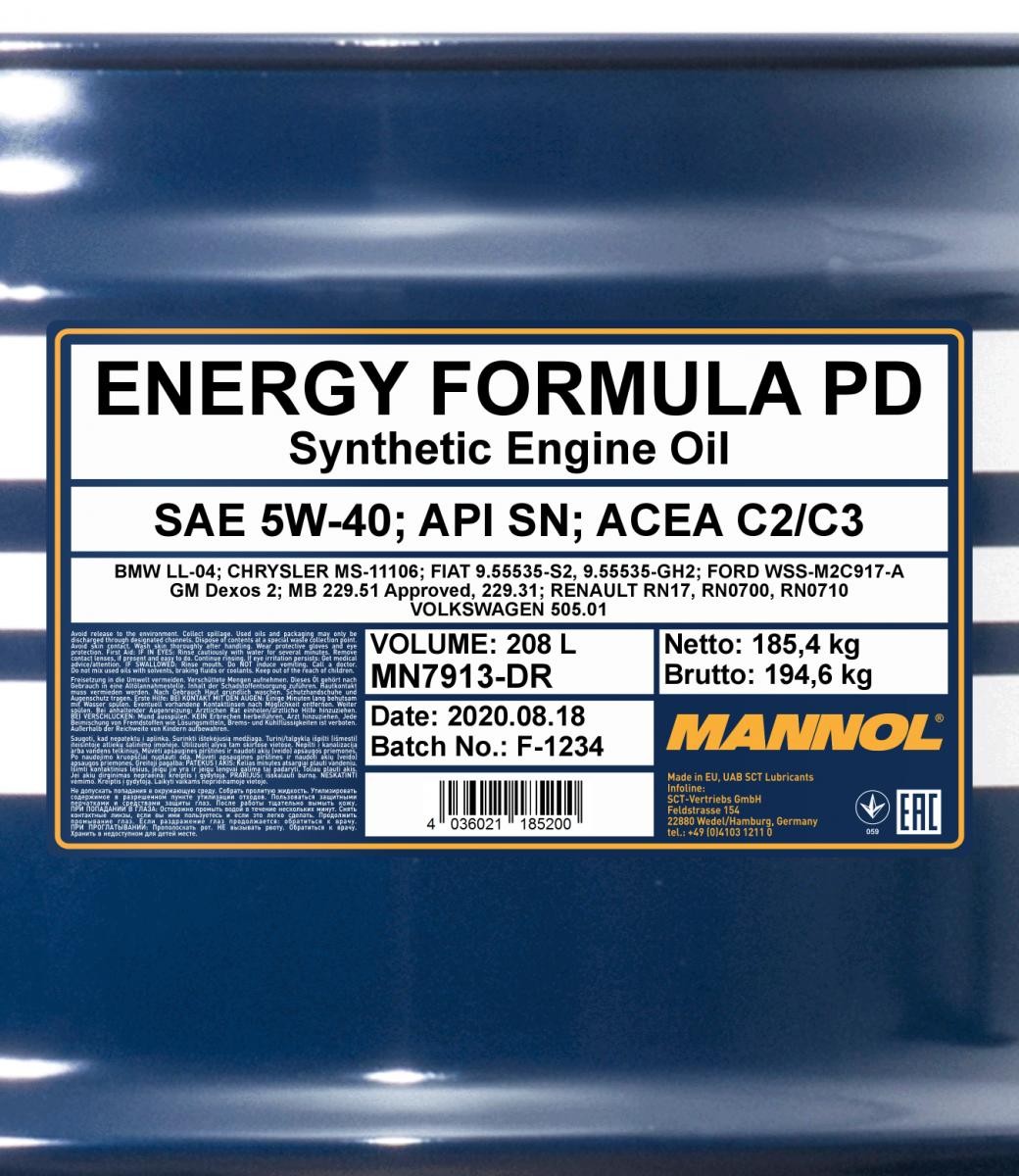 5W-40 Mannol 7913 Energy Formula PD Motoröl 208 Liter