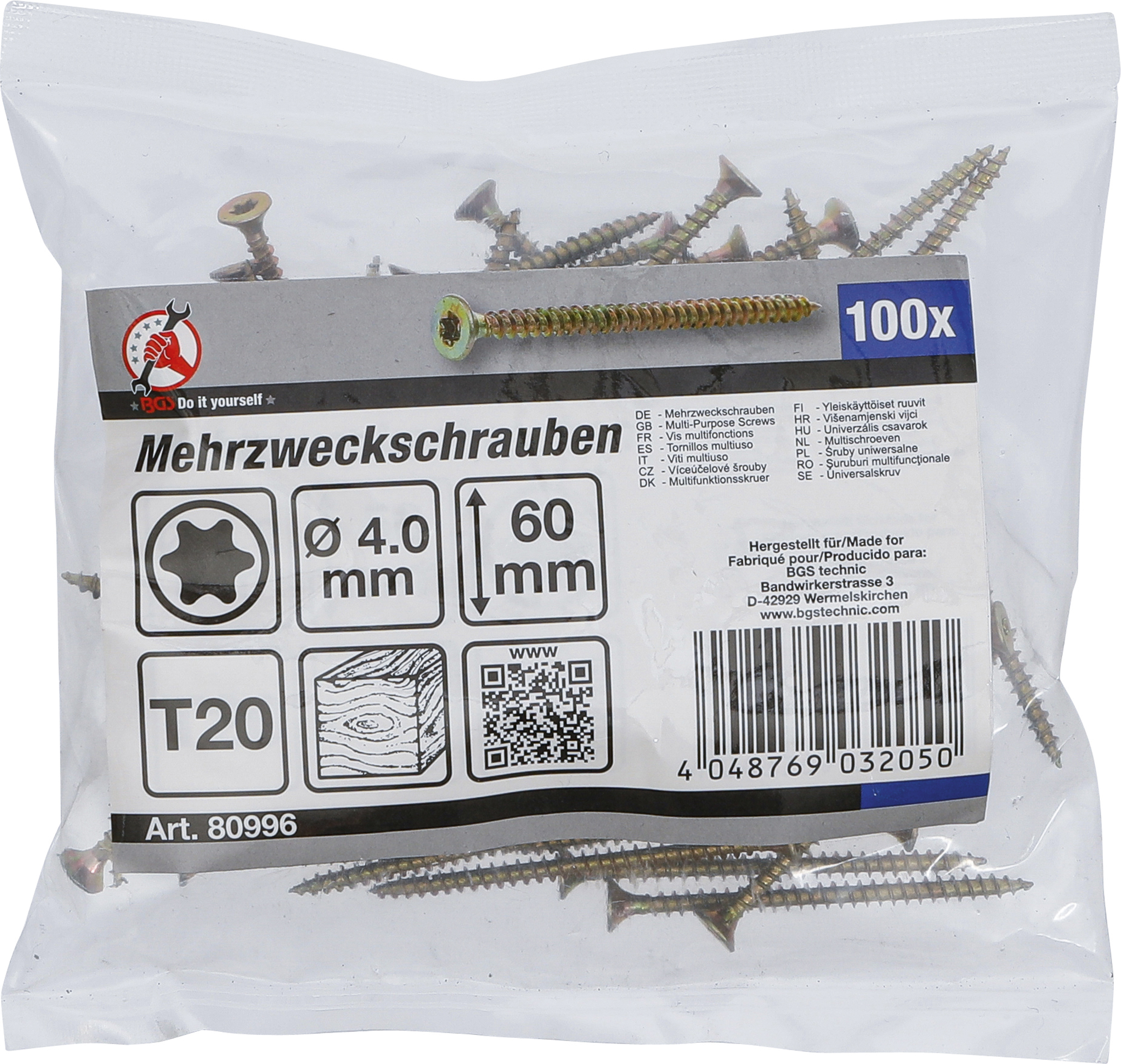 BGS Mehrzweckschrauben | T-Profil (für Torx) T20 | 4,0 x 60 mm | 100 Stück