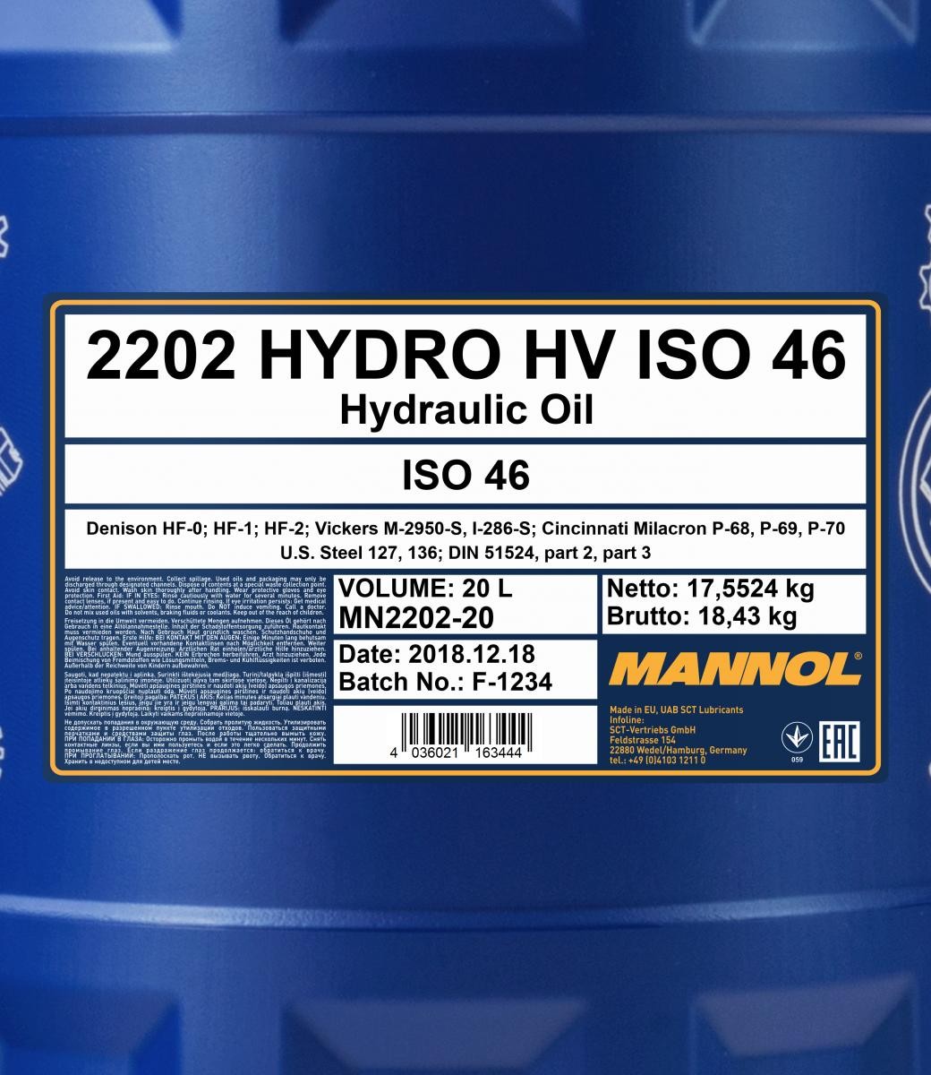 Mannol 2202 Hydro HV ISO 46 Hydrauliköl 20 Liter