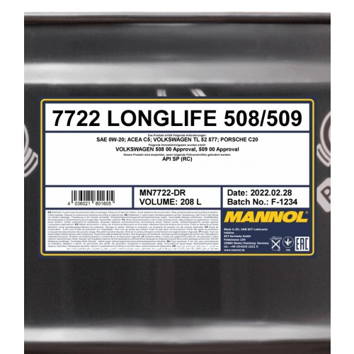0W-20 Mannol 7722 Longlife 508/509 Motoröl 208 Liter