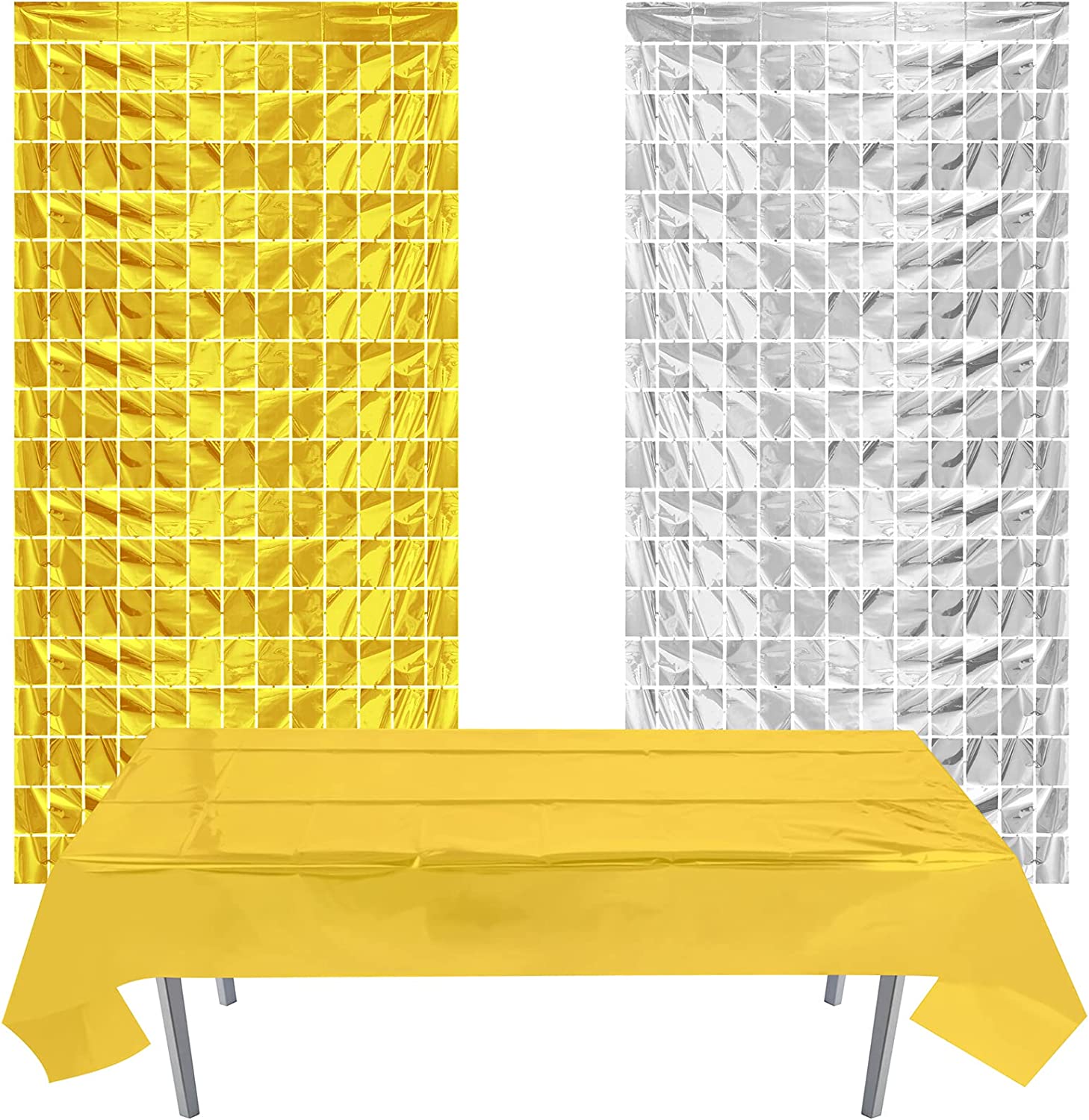 YHSWIN Folie Dekorative Vorhänge, 2 Stück Glitzer Vorhang 1×2 m + 1 Stück Deko Tischdecke 1×2,7 m, Q