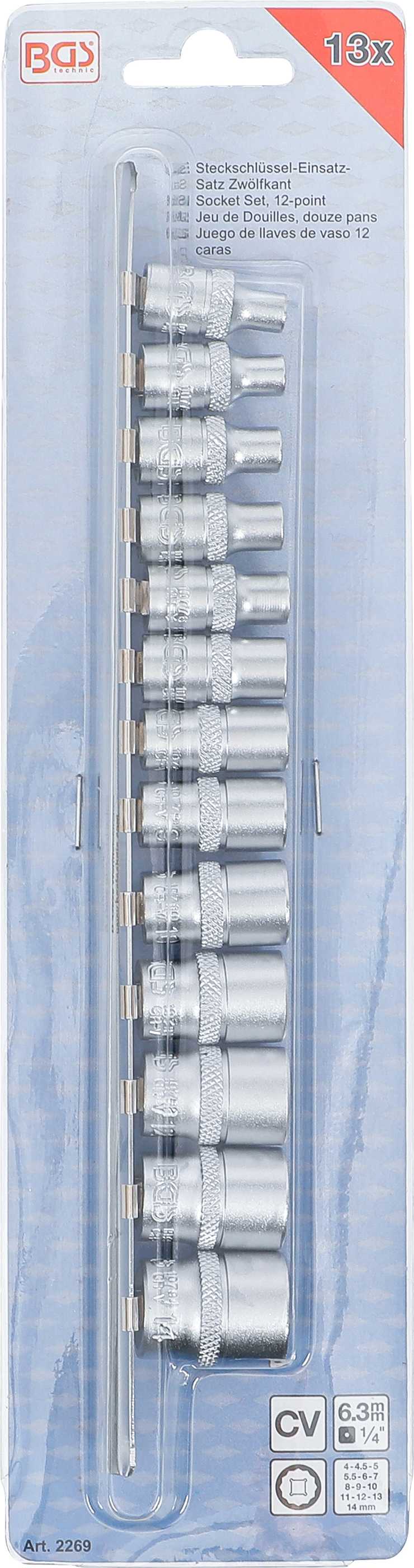 BGS Steckschlüssel-Einsatz-Satz Zwölfkant | Antrieb Innenvierkant 6,3 mm (1/4") | SW 4 - 14 mm | 13-tlg.