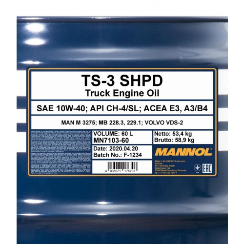 10W-40 Mannol 7103 TS-3 SHPD Motoröl 60 Liter