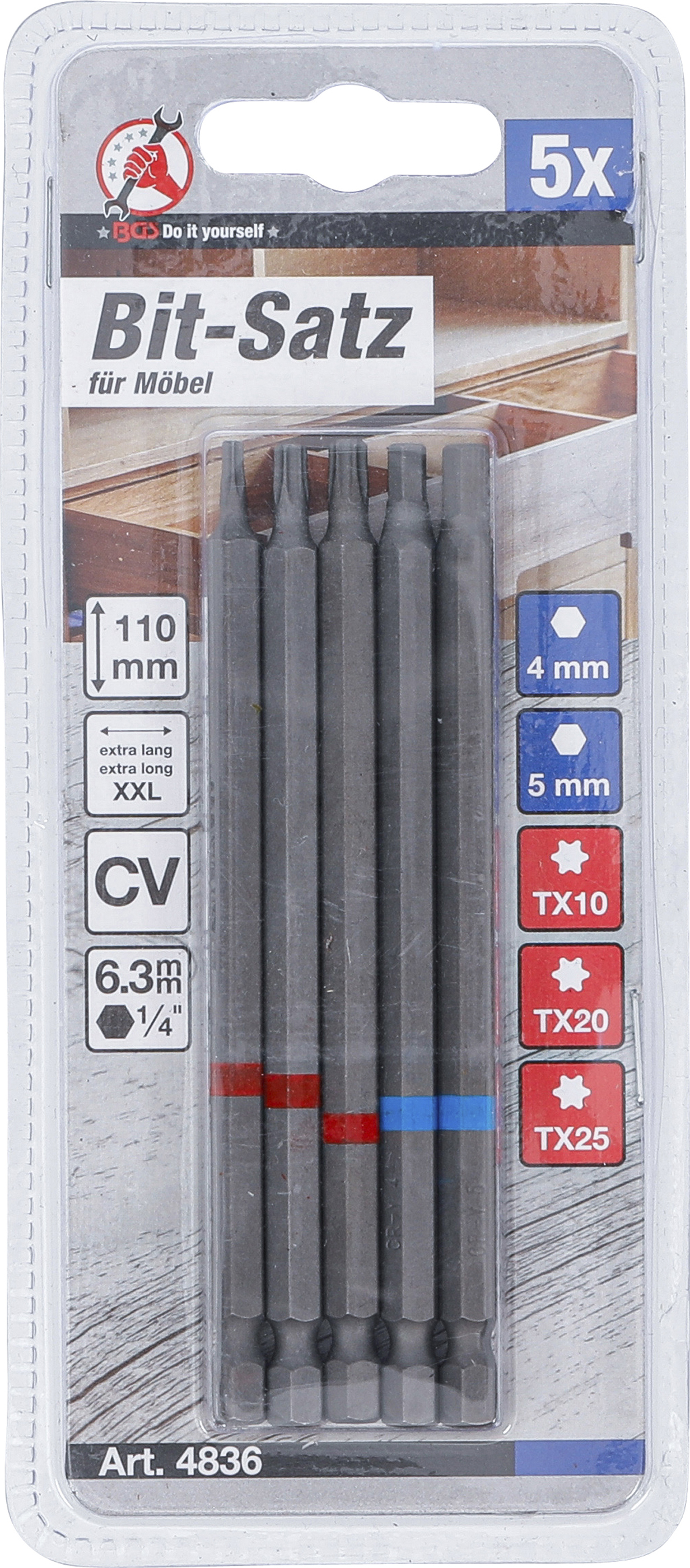 BGS Bit-Satz | Antrieb Außensechskant 6,3 mm (1/4") | Innensechskant, T-Profil (für Torx) | Länge 110 mm | 5-tlg.