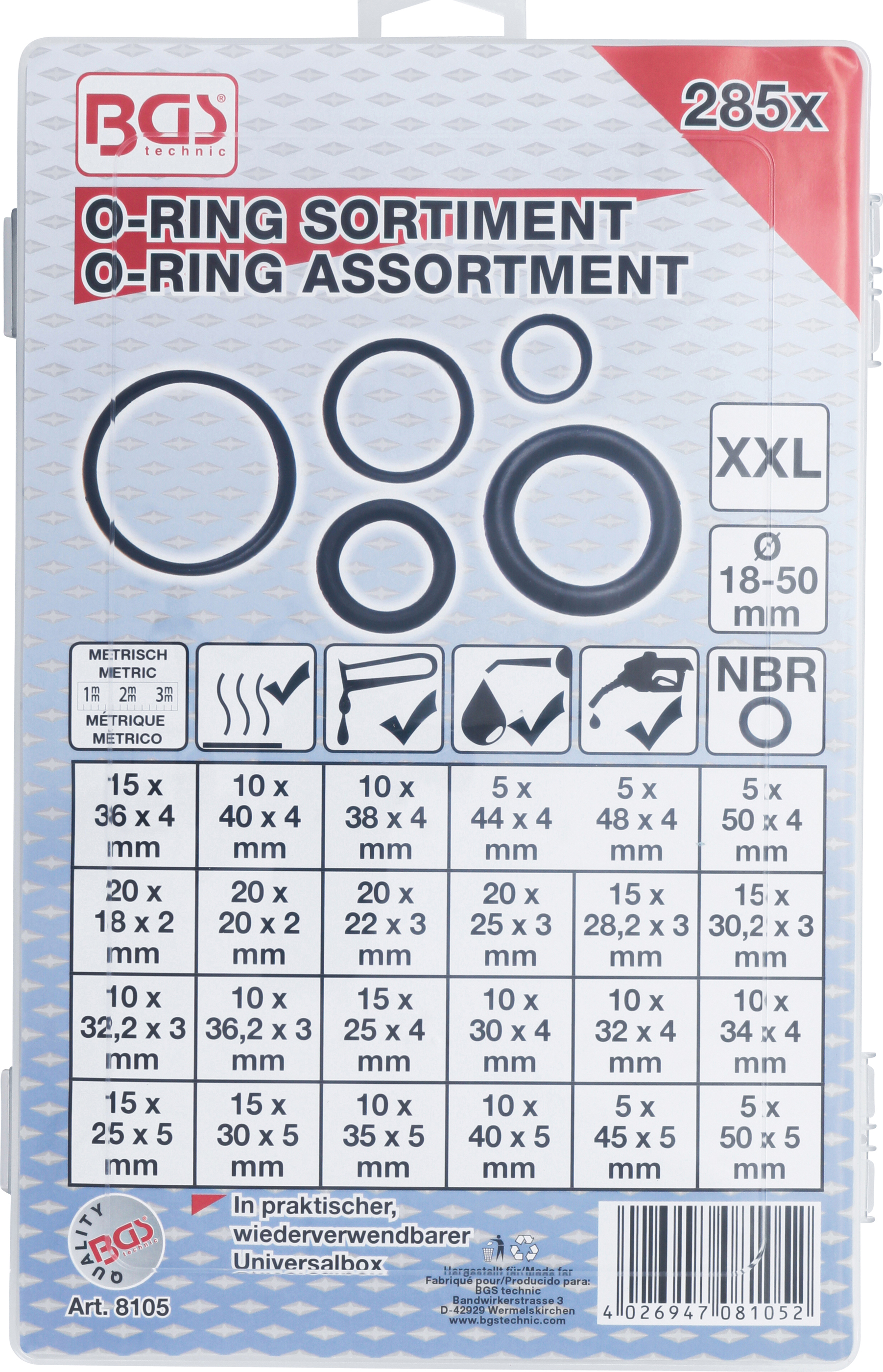 BGS O-Ring-Sortiment | XXL | Ø 18 - 50 mm | 285-tlg.