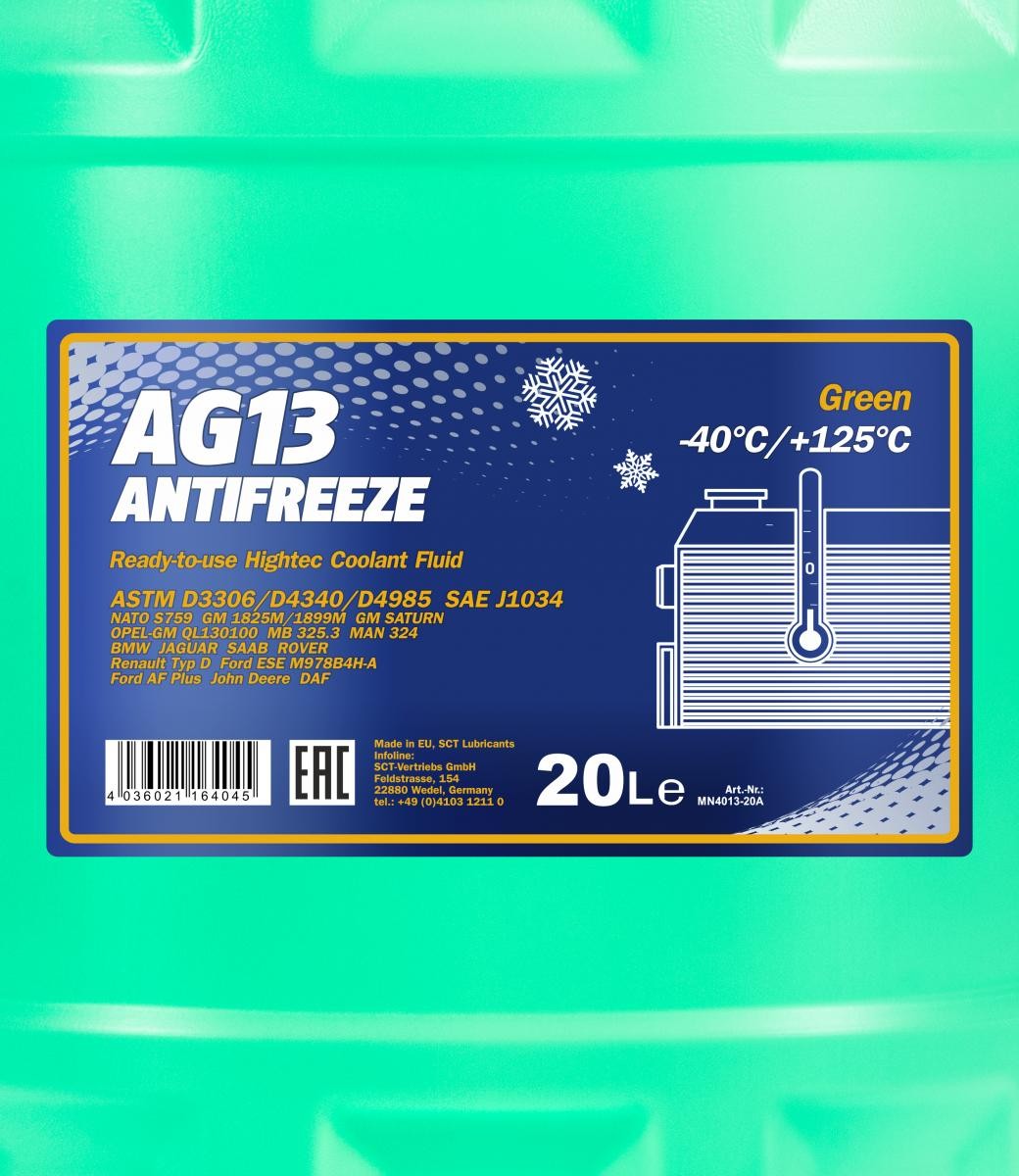 Mannol 4013 Kühlerfrostschutz Antifreeze AG13 Hightec -40 Fertigmischung 20 Liter