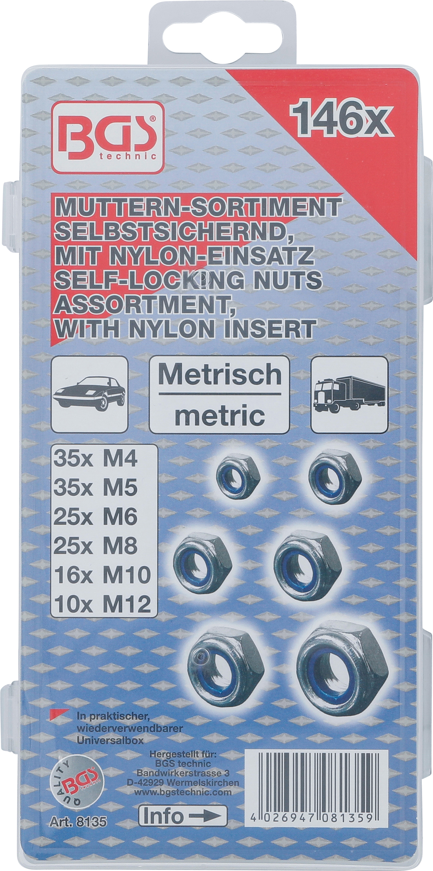 BGS Sechskant-Muttern-Sortiment | selbstsichernd | 146-tlg.