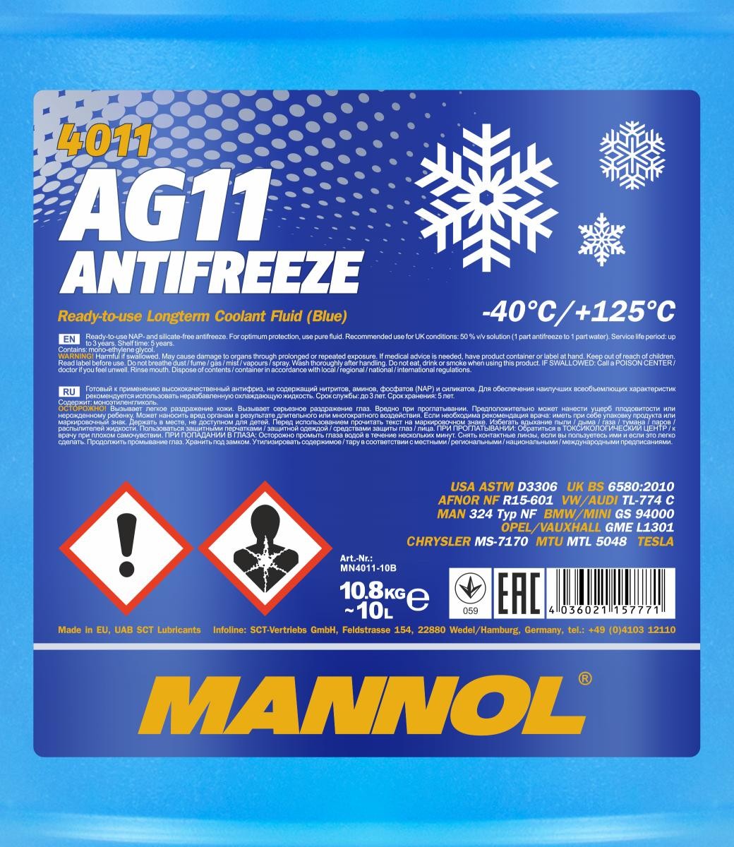 Mannol 4011 Kühlerfrostschutz Antifreeze AG11 Longterm -40 Fertigmischung 10 Liter