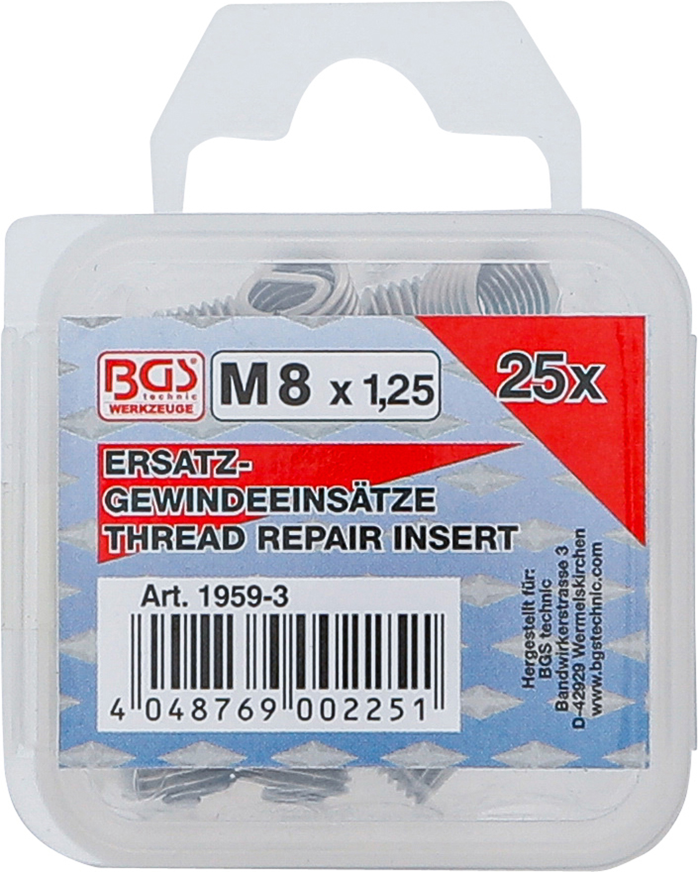 BGS Ersatz-Gewindeeinsätze | M8 x 1,25 | 25-tlg. BGS Ersatz-Gewindeeinsätze | M8 x 1,25 | 25-tlg.