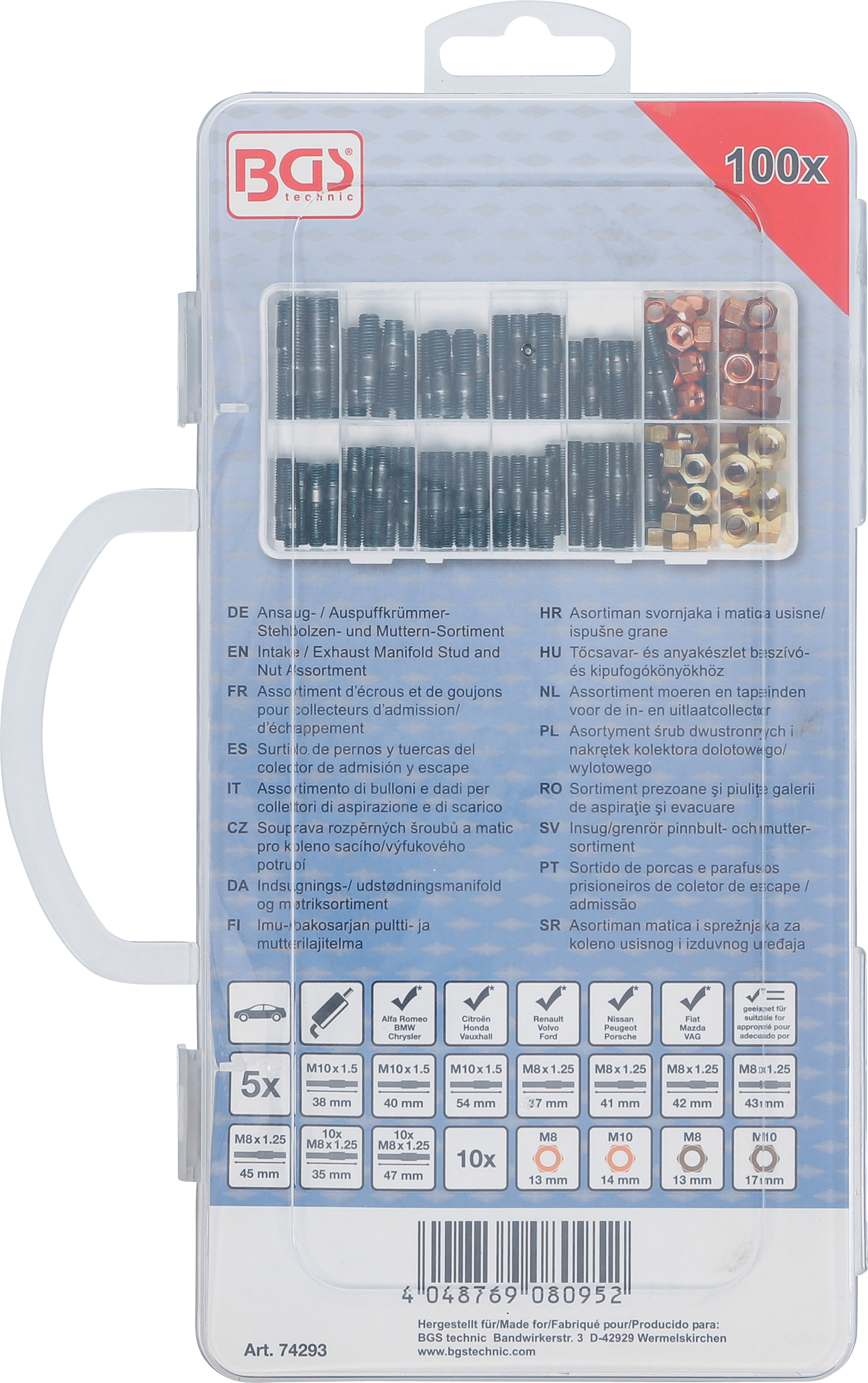 BGS Ansaug- / Auspuffkrümmer-Stehbolzen- und Muttern-Sortiment | 100-tlg.