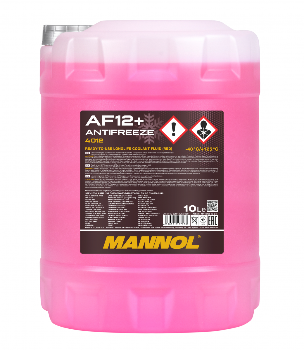 Mannol 4012 Kühlerfrostschutz Antifreeze AF12+ Longlife -40 Fertigmischung 10 Liter