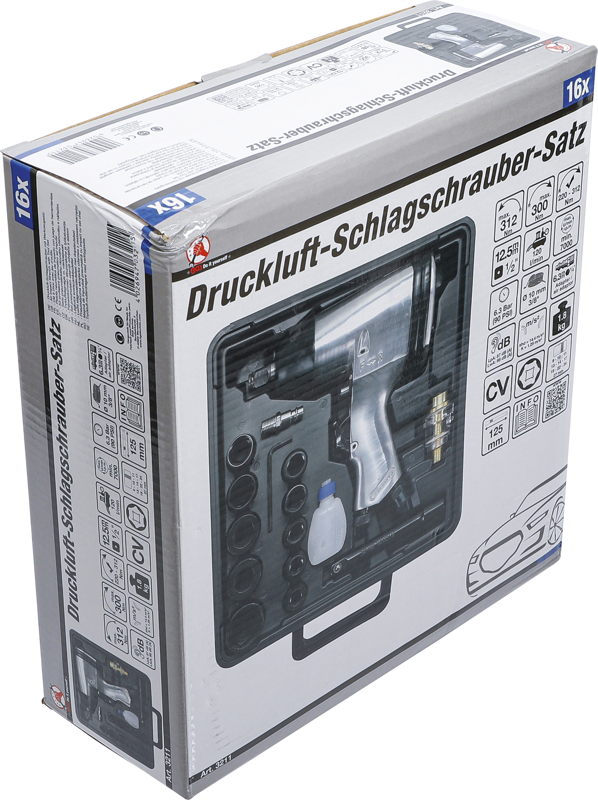 BGS Druckluft-Schlagschrauber mit Werkzeugsatz | 12,5 mm (1/2") | 312 Nm | 16-tlg.