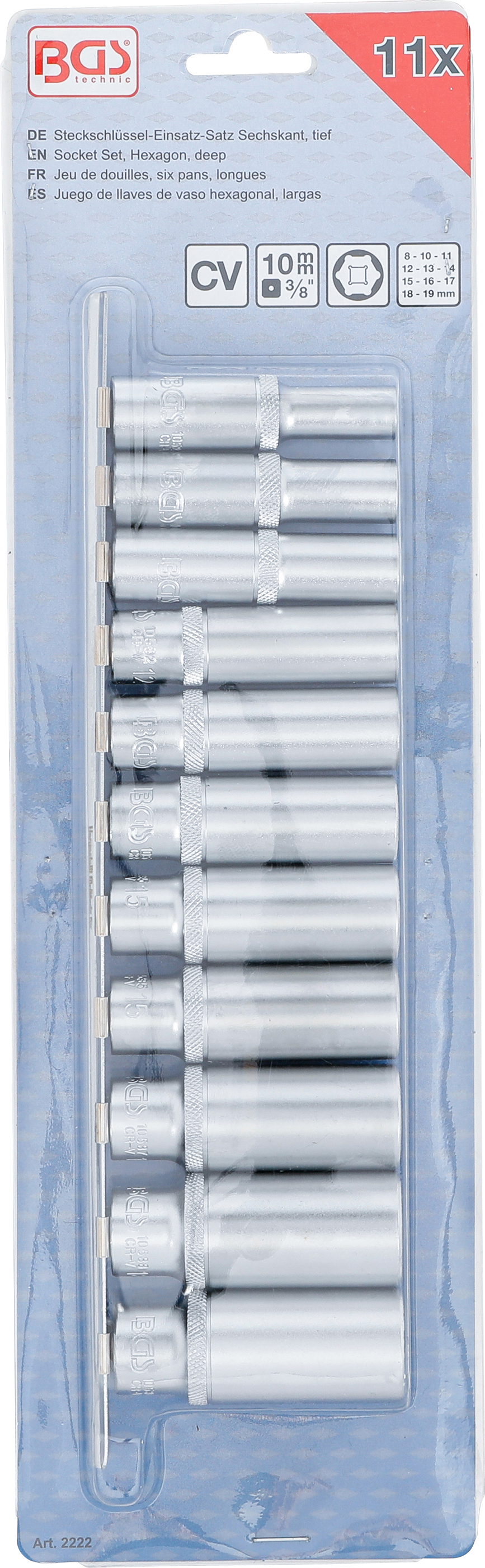 BGS Steckschlüssel-Einsatz-Satz Sechskant, tief | Antrieb Innenvierkant 10 mm (3/8") | SW 8 - 19 mm | 11-tlg.
