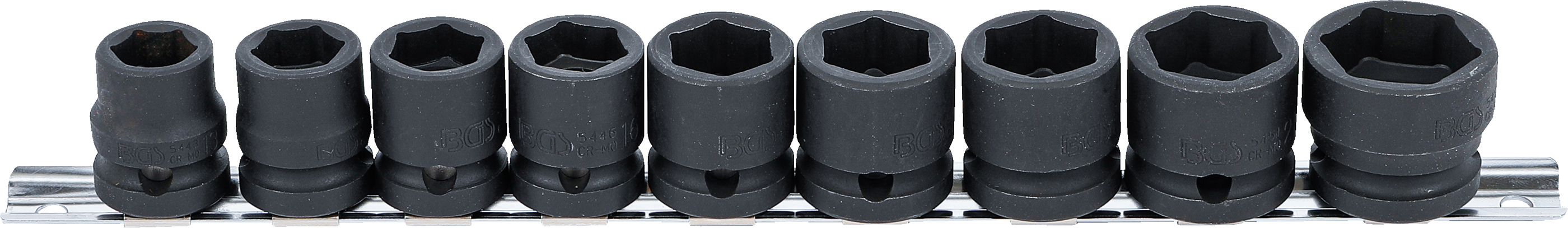 BGS Kraft-Steckschlüssel-Einsatz-Satz Sechskant, extra flach | Antrieb Innenvierkant 12,5 mm (1/2") | SW 13 - 24 mm | 9-tlg.