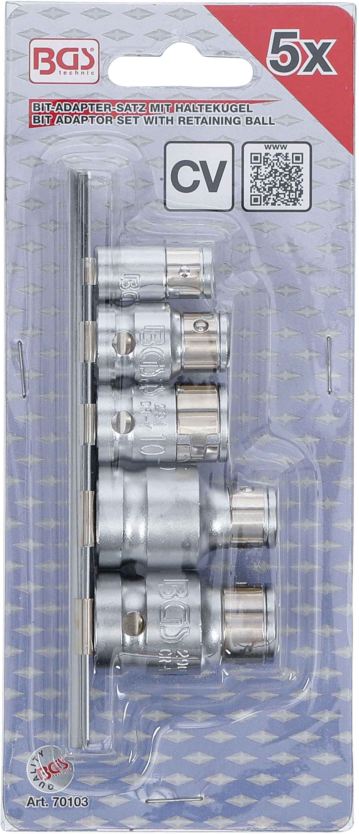 BGS Bit-Adapter-Satz mit Haltekugel | Innenvierkant 6,3 mm (1/4") / 10 mm (3/8") / 12,5 mm (1/2") | 5-tlg.