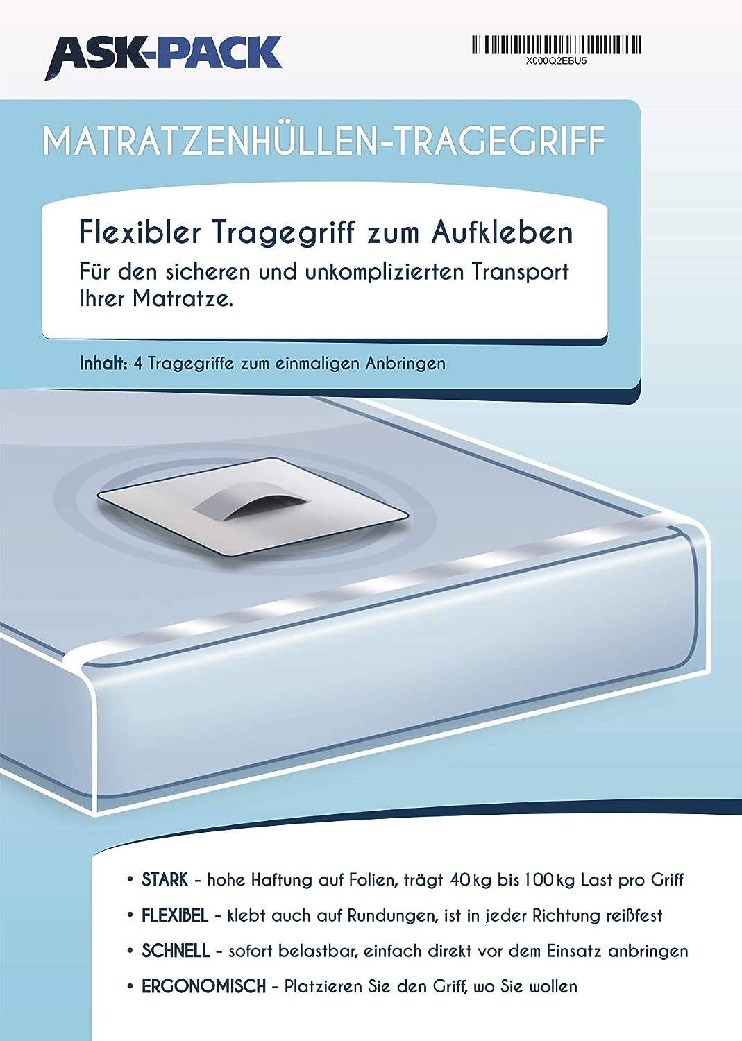 ASK Pack 4 Stück Tragegriffe zum aufkleben auf Matratzenhüllen, Komfortables tragen Einer eingepackten Matratze, extrem stark haftend (bis 100kg pro G