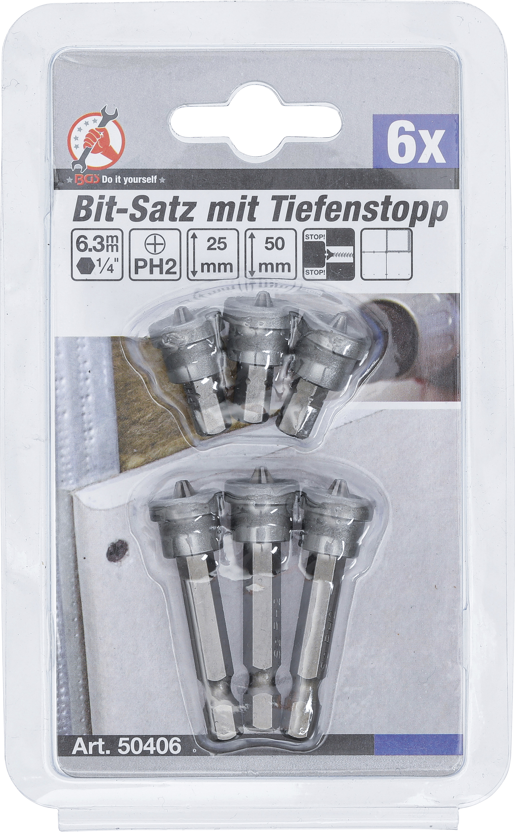 BGS Bit-Satz mit Tiefenstopp | für Gipskartonplatten | Antrieb Außensechskant 6,3 mm (1/4") | Kreuzschlitz PH2 | 6-tlg.