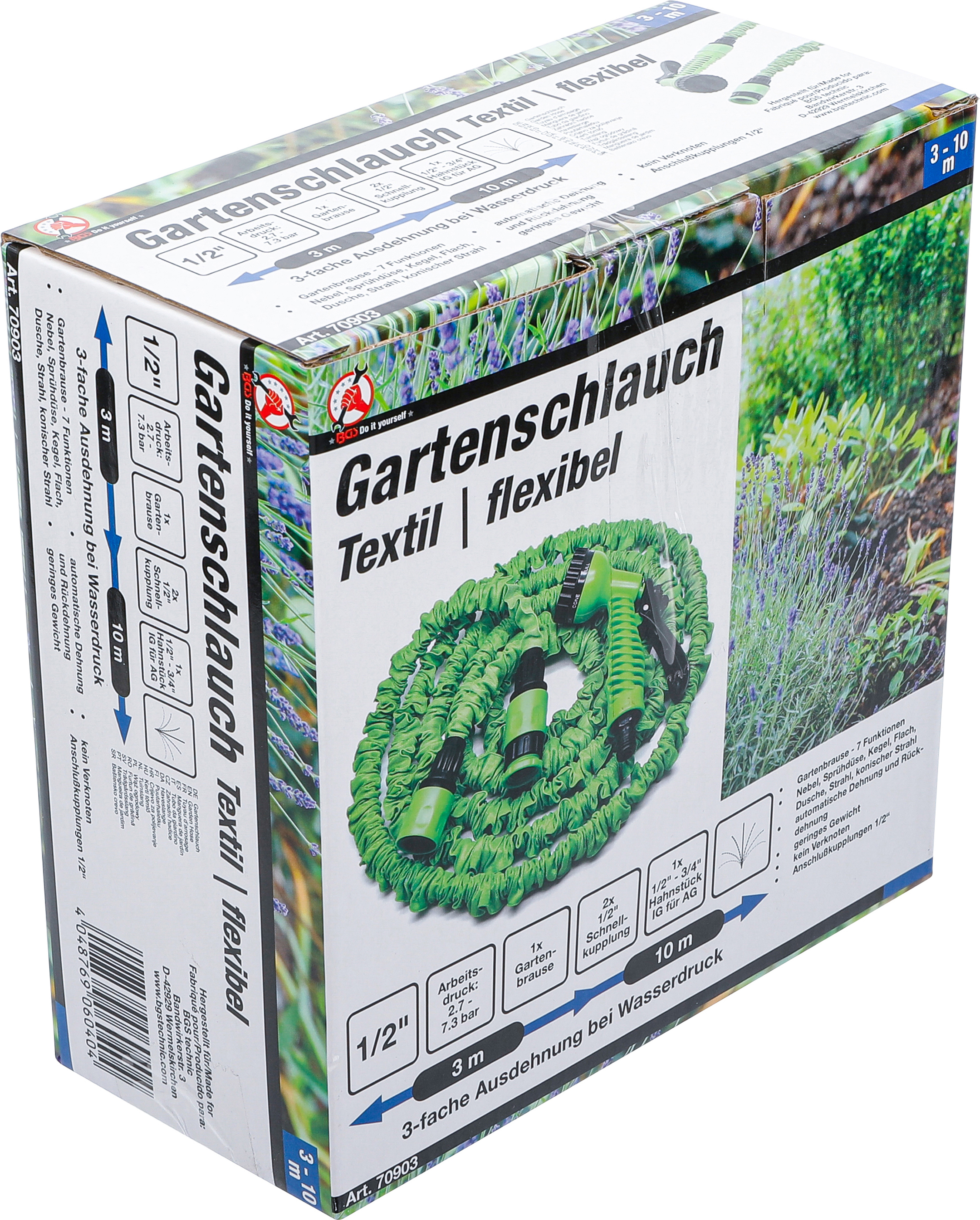 BGS Wasserschlauch | Textil | flexibel | mit Garten-Handbrause mit 7 Funktionen | 3 - 10 m