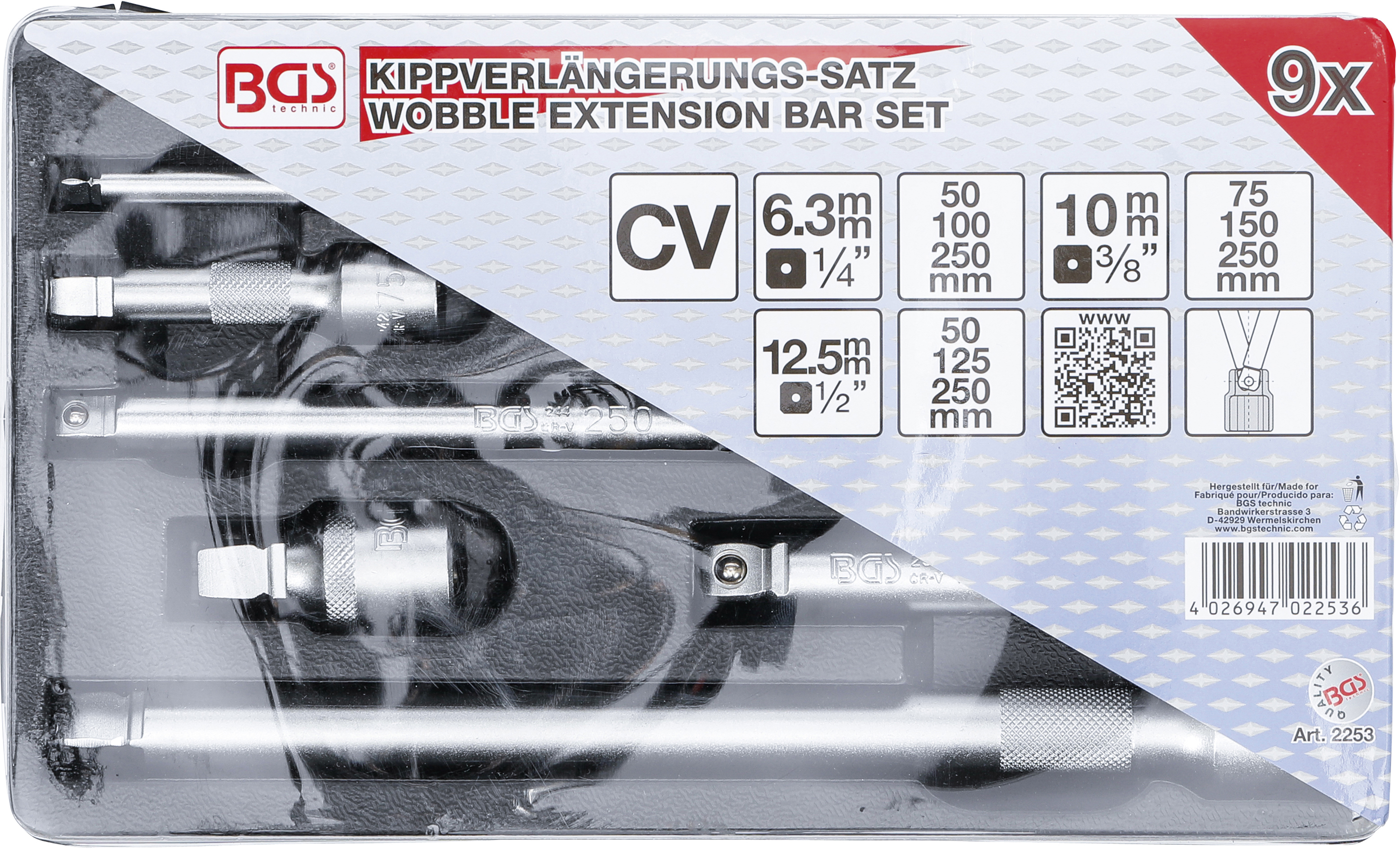 BGS Kippverlängerungs-Satz | 6,3 mm (1/4"), 10 mm (3/8"), 12,5 mm (1/2") | 9-tlg.