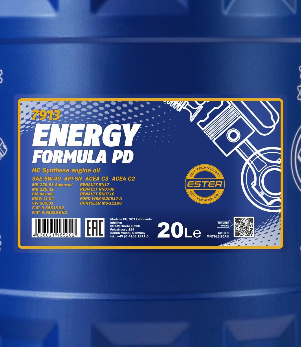 5W-40 Mannol 7913 Energy Formula PD Motoröl 20 Liter