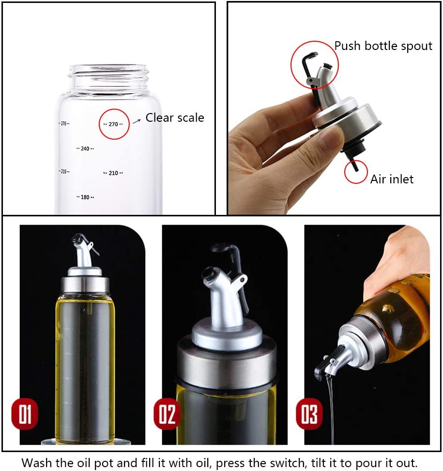 Olivenöl-Essigspender, 266 ml, Glasflaschen für Gewürze, Ausgießer, flüssiges Kochen mit auslaufsich