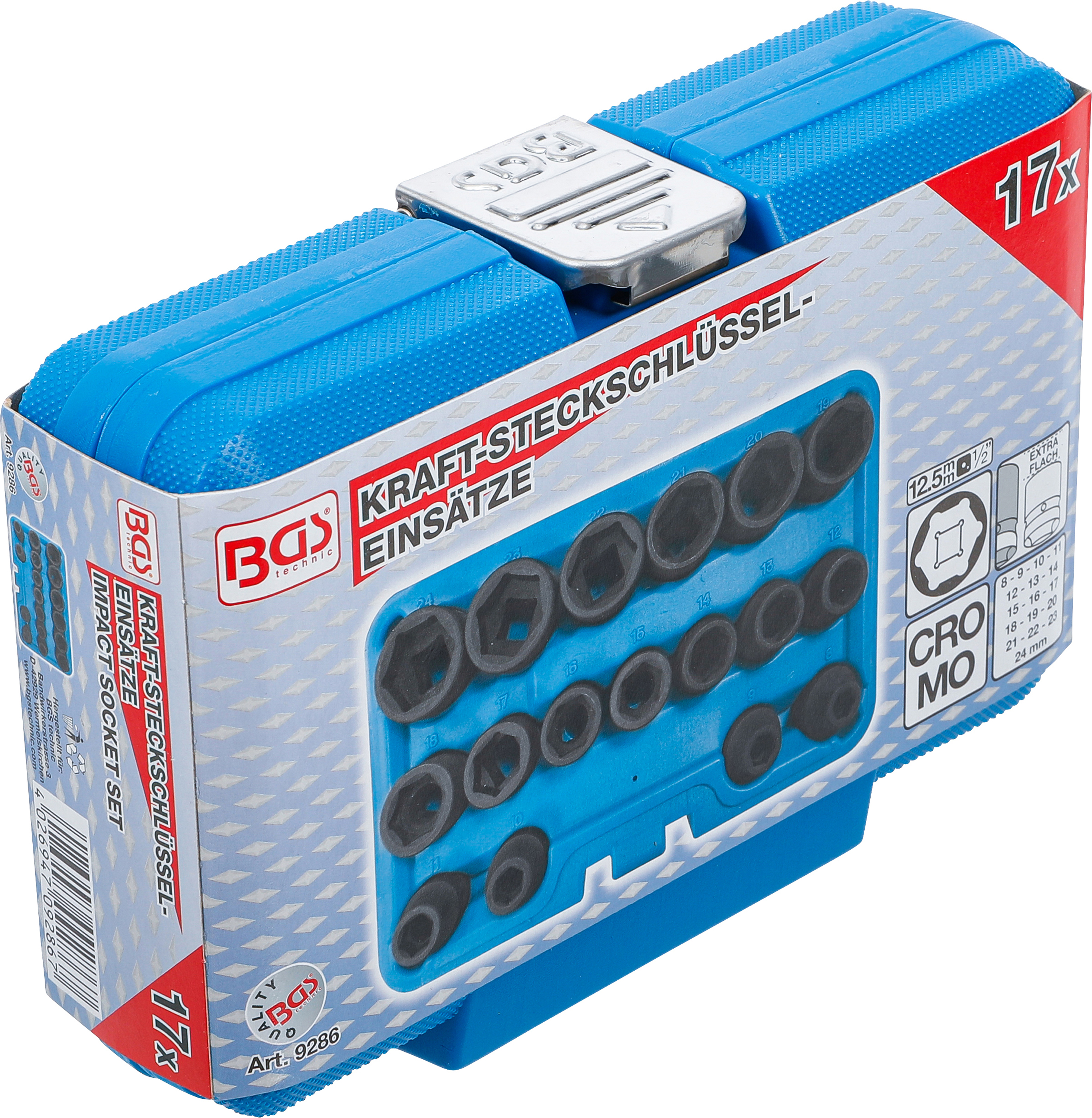 BGS Kraft-Steckschlüssel-Einsatz-Satz Sechskant, extra flach | Antrieb Innenvierkant 12,5 mm (1/2") | SW 8 - 24 mm | 17-tlg.