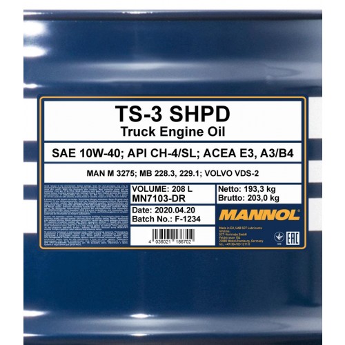 10W-40 Mannol 7103 TS-3 SHPD Motoröl 208 Liter