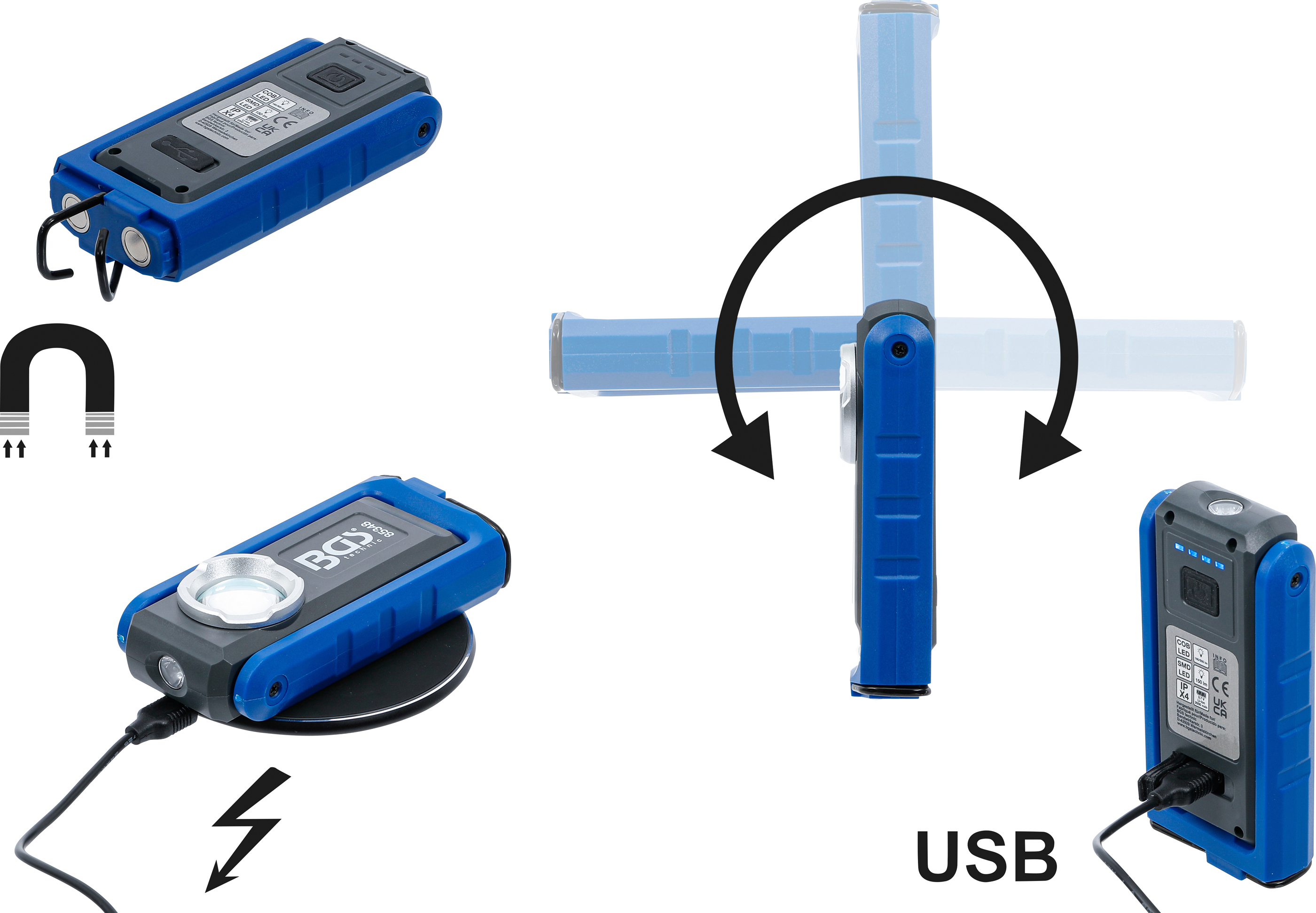 BGS COB-LED-Werkstattleuchte mit Magnet und Haken | klappbar | mit induktiver Ladefunktion